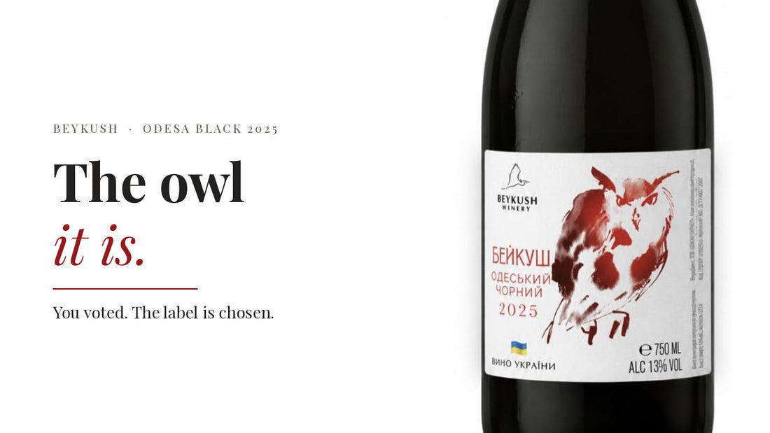 Odesa Black red wine lable with owl on it